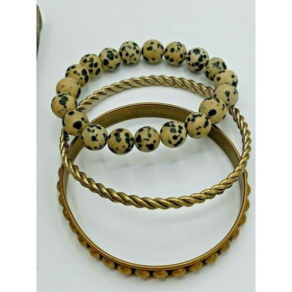 Bangle Bracelet LOT OF 3 Stone Beads Brass Dot & Gold Tone Twist - Picture 3 of 6
